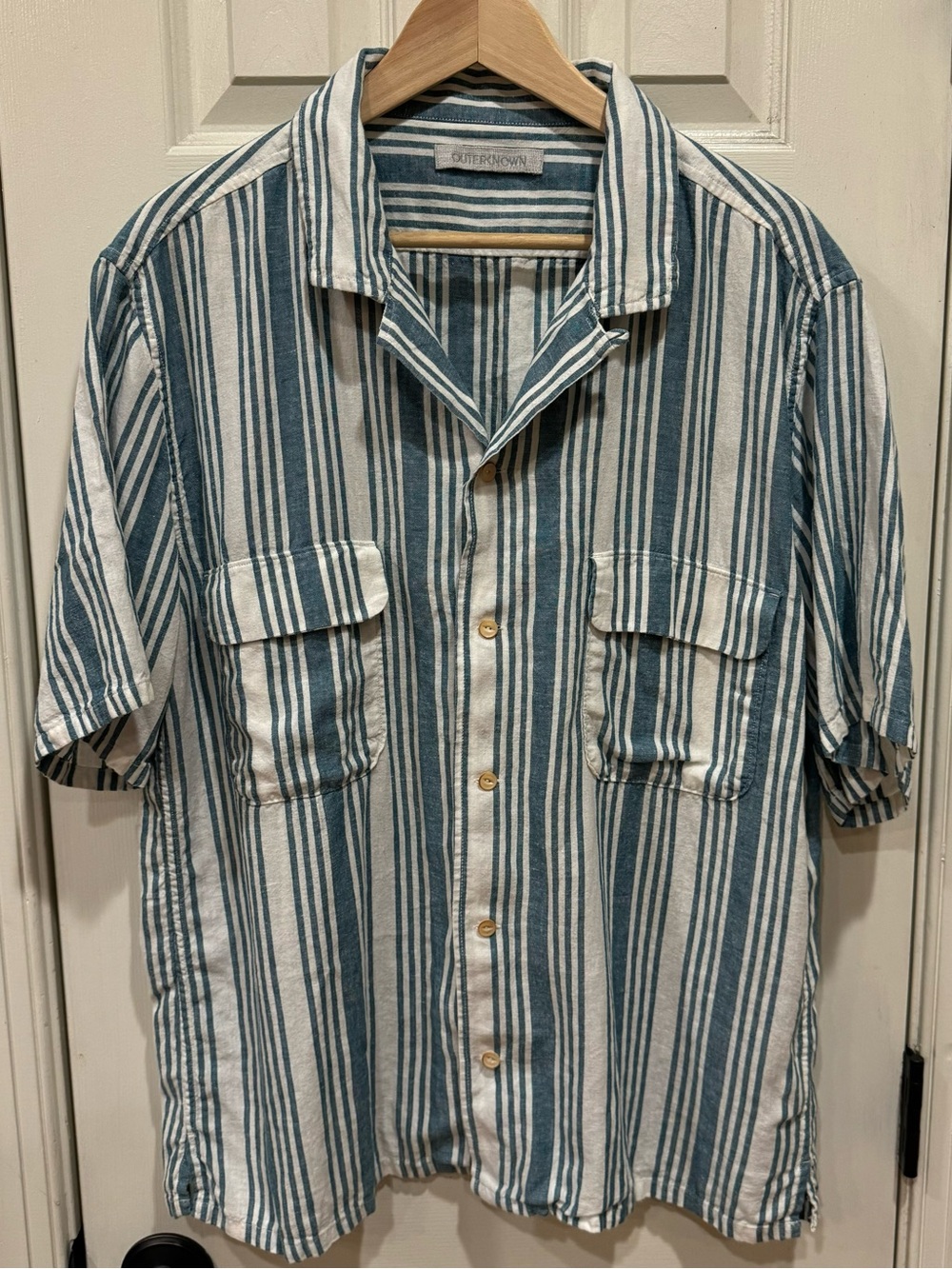 NEW Outerknown shirt hemp tencel short sleeve button up striped pockets XL